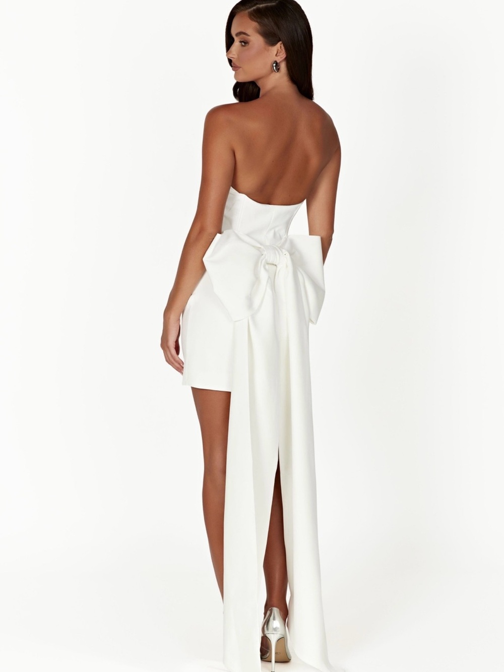 Meshki White Backless Strapless Mini Dress with Sculpted Bow & Train